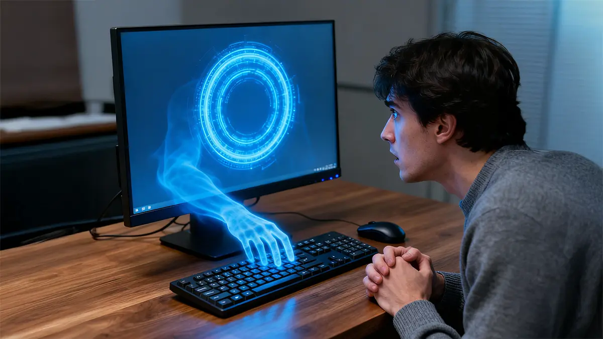 Eine Hand reicht aus dem PC heraus und steuert selbst die Tastatur
